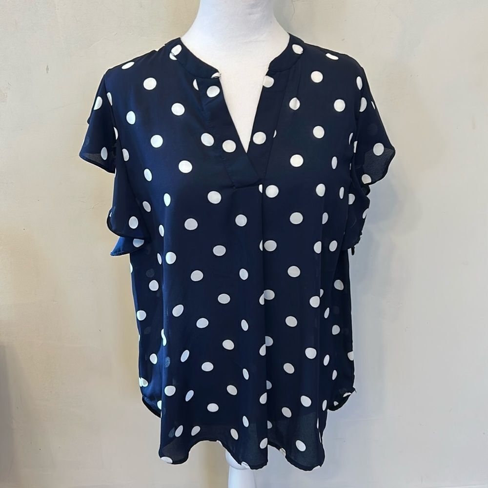 ovi navy blue white polka dot sheer ruffle cap sleeve blouse Size L EUC